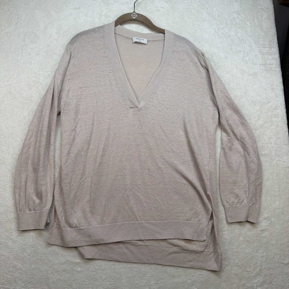 Babaton Linen V Neck Sweater Beige Lightweight Pullover Women Medium